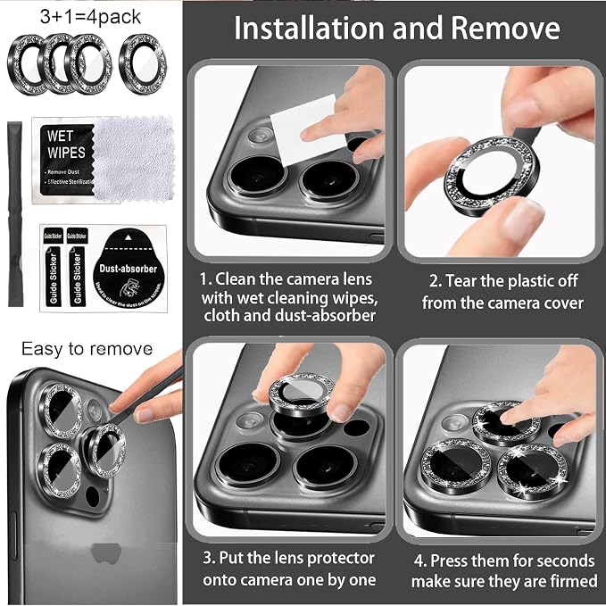 Compatible for iPhone 17/17 Pro/iPhone 17 Pro Max Camera Lens Protector Bling, Cute Sparkle Glitter Camera Cover for Women, Individual Ring, Anti-Scratch (3 Protectors + 1 Extra), Black