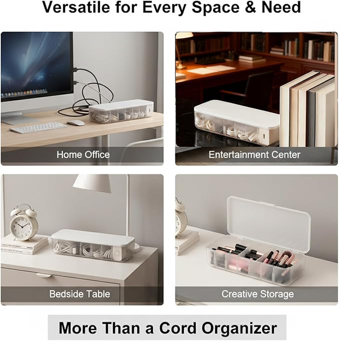 Cable Organizer Box with 7 Wire Ties, 1 Pack Desktop Cord Management Storage Case with Lid, 7 Compartments for Chargers Cables for Office Home Desk Accessories Cords (White)