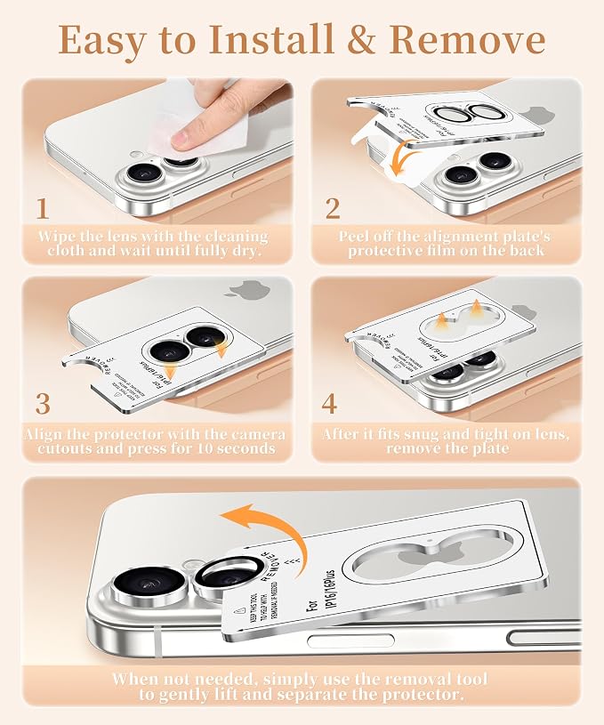 GolbinBox Camera Lens Protector for iPhone 17/16/16 Plus, 1:1 Invisible Fit, 9H Tempered Glass Ultra HD Metal Individual Camera Cover, Case Friendly, Silver