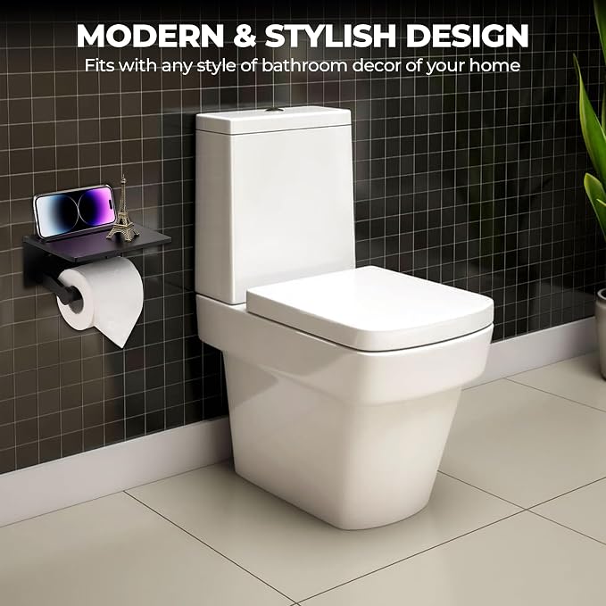 Toilet Paper Holder with Shelf, Black Anti-Rust Aluminum Tissue Roll Holder with Mobile Phone Storage Shelf for Bathroom, 3M Self Adhesive No Drilling or Wall Mounted with Screws