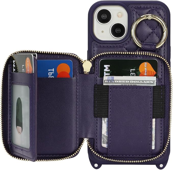 Crossbody Wallet Case for iPhone 14, PU Leather Zipper Handbag Purse Flip Cover, Kickstand Folio Case with Card Slots Holder Wrist Strap Lanyard 5G 6.1 Inch-Purple