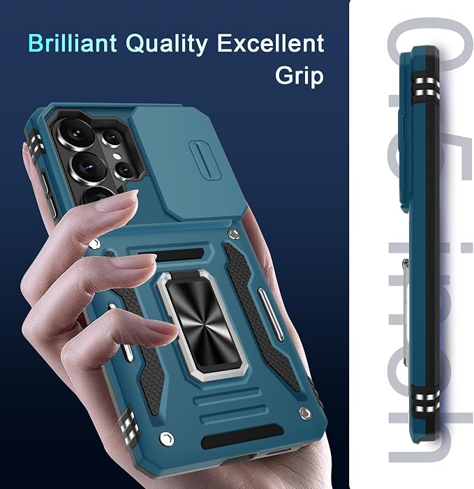 DEERLAMN Case for Samsung Galaxy S26 Ultra 6.9-Inch with Slide Camera Cover+Screen Protector(1 Pack), Rotated Ring Kickstand Military Grade Shockproof Protective Cover-Light Blue