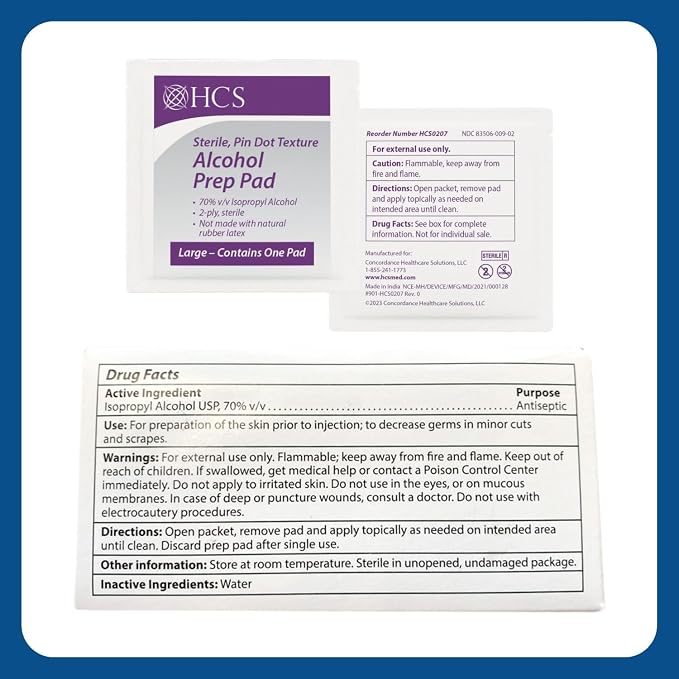 HCS Large Alcohol Prep Pads - Textured, 70% Isopropyl Alcohol Wipes, Individually Wrapped - 2 ply Sterile Skin Prep Swabs for Injections, First Aid (100/Box)