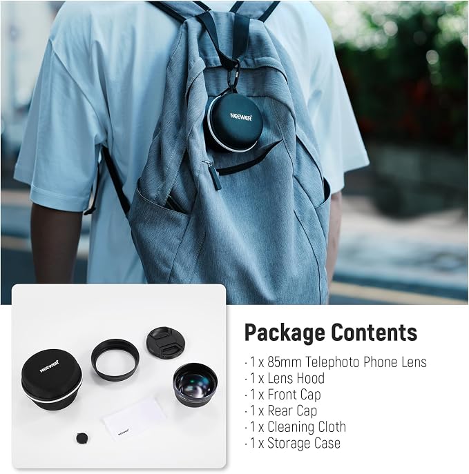 NEEWER Telephoto Lens HD 85mm Phone Only Back Plate 17mm, 2.5X Magnification Compatible with SmallRig NEEWER Cage for iPhone Samsung with 17mm Adapter & Lens Cap, LS-59