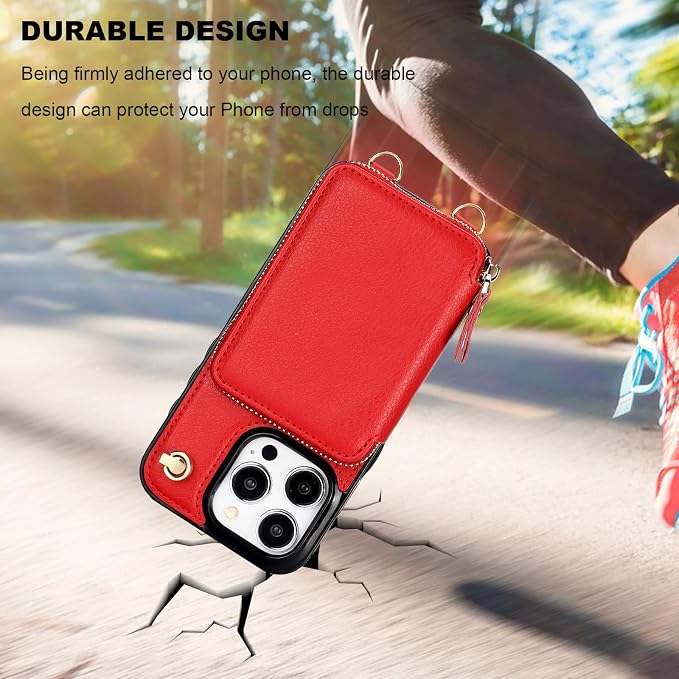Bocasal Crossbody Wallet Case for iPhone 15 Pro, RFID Blocking Leather Purse Case with Card Holder, Protective Handbag Flip Cover with Zipper Wrist Strap Lanyard for Women 5G 6.1 Inch (Red)
