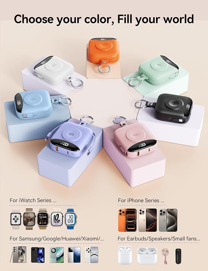 Portable Charger Power Bank, 10000mAh Fast Charging Power Bank with Built-in Cables, Travel Keychain Battery Pack with LED Display for iPhone Samsung Android iPad iWatch Charger 11/10/9/8/Ultra,Orange