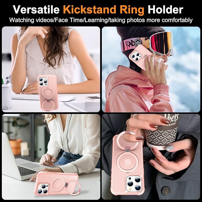 360° Magnetic Swivel Ring for iPhone 15 pro max case, Built-in Metal Stand and Ring Holder, Magsafe Compatible, Military Grade Protection, Shock and Vibration Resistant- Pink