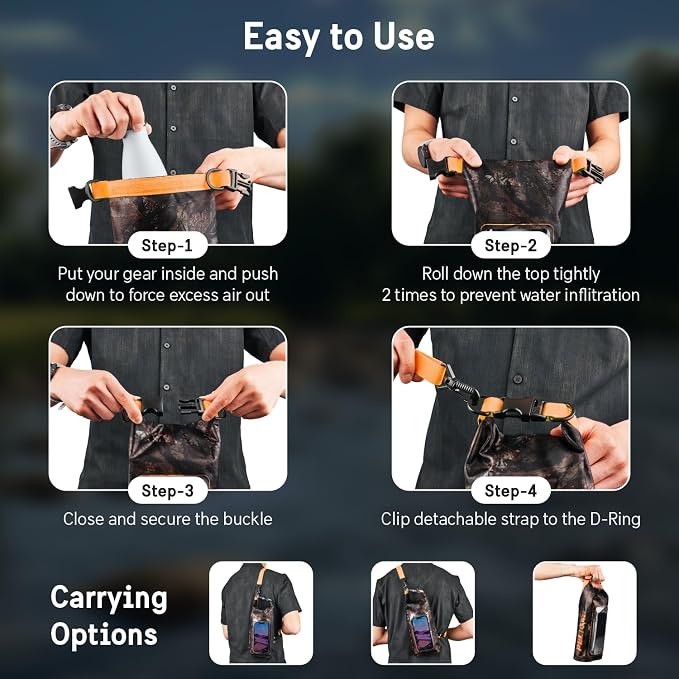 Pelican Marine IP68 Waterproof Dry Bag 2L - Roll Top Waterproof Backpack w/Phone Case/Pouch - Boating & Kayak Accessories - Essentials for Camping Swimming Beach Fishing Rafting Travel - Hunter Camo