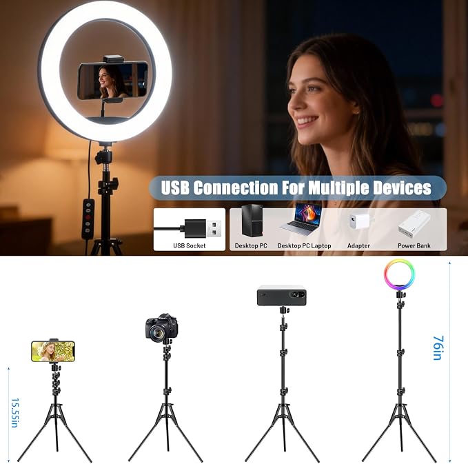 π‘π²ππ²ππ 13" Selfie Ring Light with 63" Stand and 3 Phone Holder, 53 Lighting Modes, iPad Holder, Remote, Desk Tripod, RGB Ringlight for iPhone. Vlogging Circle Led Halo Light Photo Video Kit