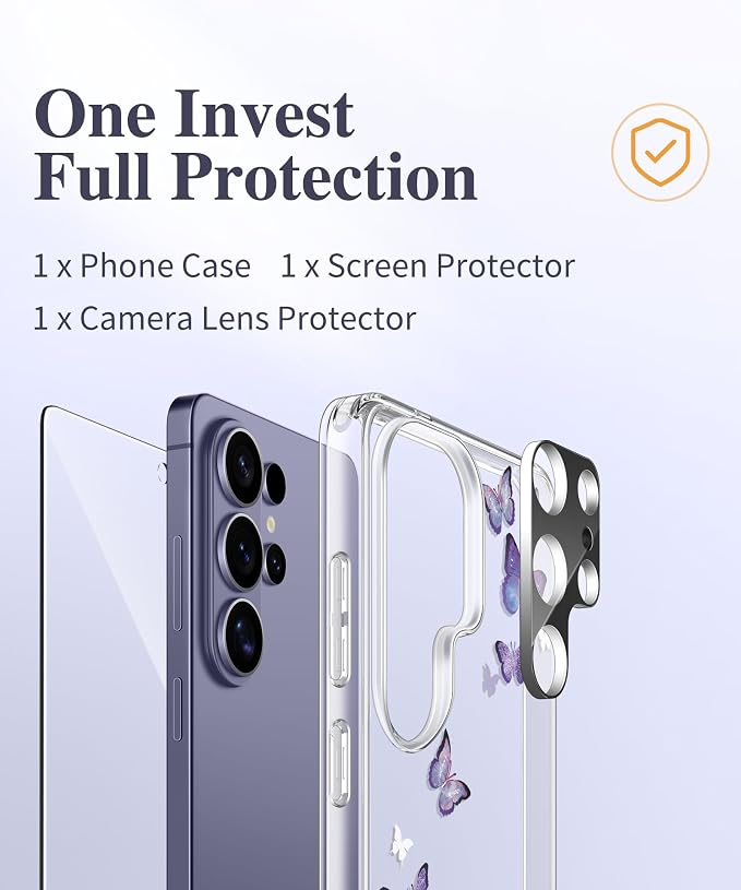 GVIEWIN Compatible with Samsung Galaxy S26 Ultra Case, Clear Floral Slim Shockproof Protective Women Phone Case, Non-Yellowing, with Screen Protector & Camera Lens Protector 6.9", Alluring Butterfly
