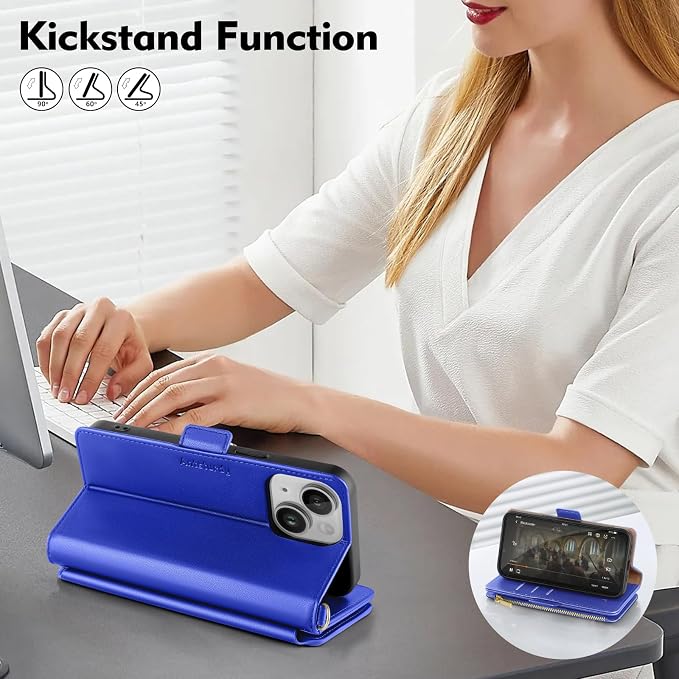 Antsturdy Compatible with iPhone 14 Wallet Case RFID Blocking,PU Leather Phone Case Women Men Flip Shockproof Cover with Wrist Strap Zipper pocket Credit Card Holder Slots,for Apple 14 6.1"Purple Blue