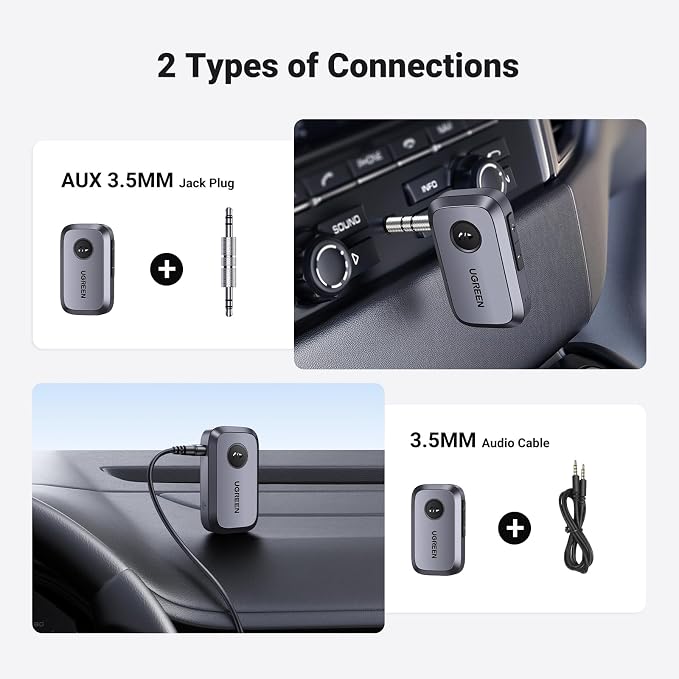 UGREEN 5.4 Aux Bluetooth Adapter, Noise Cancelling 3.5mm AUX Bluetooth Car Adapter, Wireless Audio Receiver for Home Stereo/Wired Speaker, 15H Battery Life
