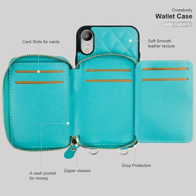 Bocasal Crossbody Wallet Case for iPhone Xr, RFID Blocking PU Leather Zipper Handbag Purse Flip Cover, Kickstand Folio Case with Card Slots Holder Wrist Strap Lanyard 6.1 Inch (Mint Green)