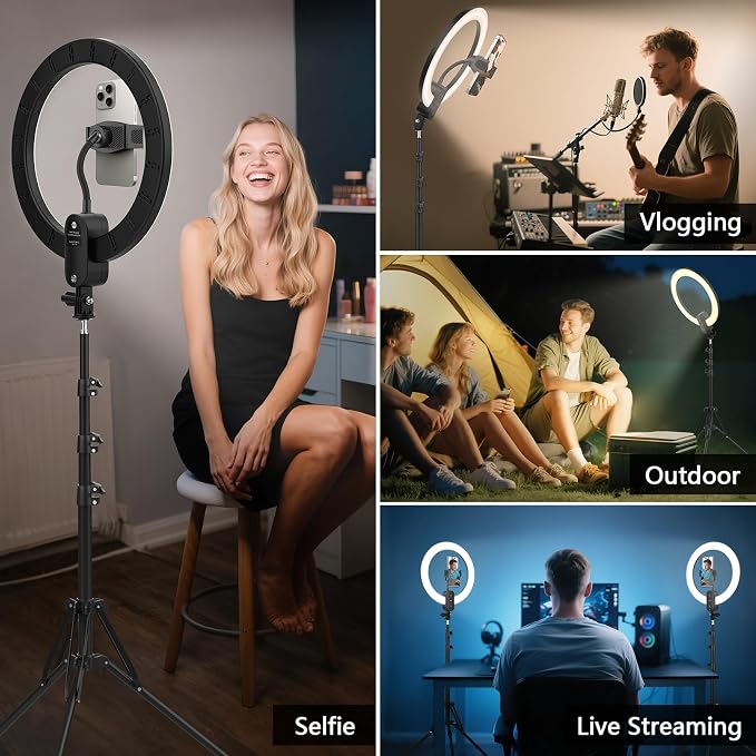 12" Selfie Ring Light with 63" Tripod Stand/Phone Holder, QEUOOIY 20W LED Circle Lights Dimmable 3000-6500K with Remote Control and Built-in Rechargeable Battery for Vlog, Makeup, YouTube, Camera