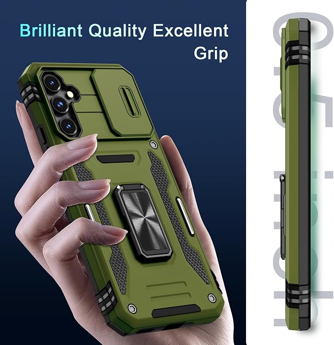 DEERLAMN Case for Samsung Galaxy S23 FE 6.4-Inch with Slide Camera Cover+Screen Protector(1 Pack),Rotated Ring Kickstand Military Grade Shockproof Protective Cover-Olive Green
