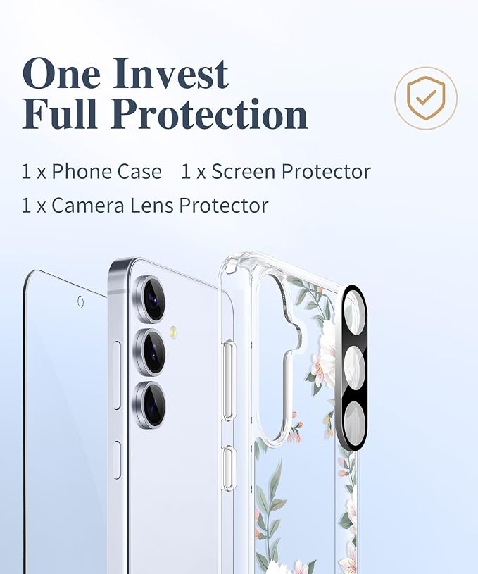 GVIEWIN for Samsung Galaxy S25 Plus Case, Clear Floral Slim Shockproof Protective Women Phone Case, Non-Yellowing, with Screen Protector & Camera Lens Protector for S25 Plus 6.7", Magnolia/White