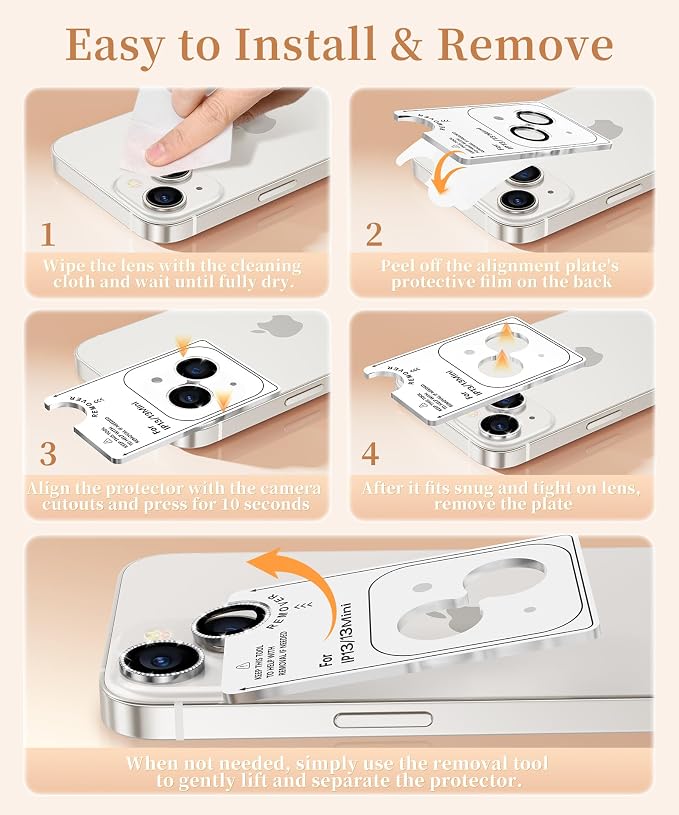 GolbinBox Camera Lens Protector for iPhone 13/13 Mini, 1:1 Invisible Fit, 9H Tempered Glass Ultra HD Metal Individual Camera Cover for Women, Case Friendly, Bling/Silver