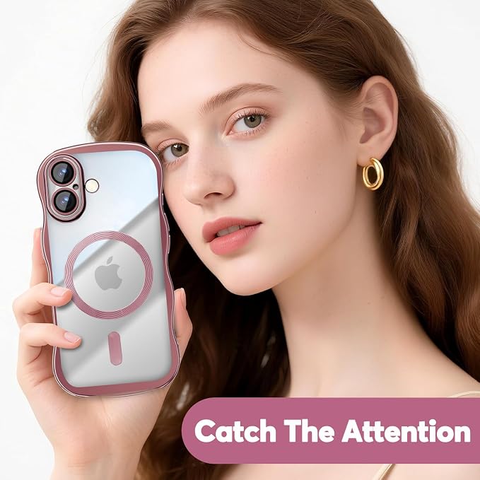 Misscase for iPhone 17 Case with Privacy Screen Protector,Compatible with MagSafe,Cute Wave Frame Anti-Scratch Case with Camera Lens Protector Plating Bling Case for iPhone 17 6.3" Women Pink