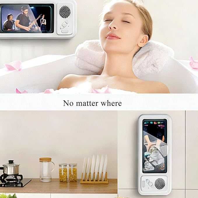 Shower Phone Holder with Wireless Bluetooth Speaker,Waterproof, Secure Attachment for Any Phone, Hands-Free Bathroom Entertainment, Play Music and Take Calls