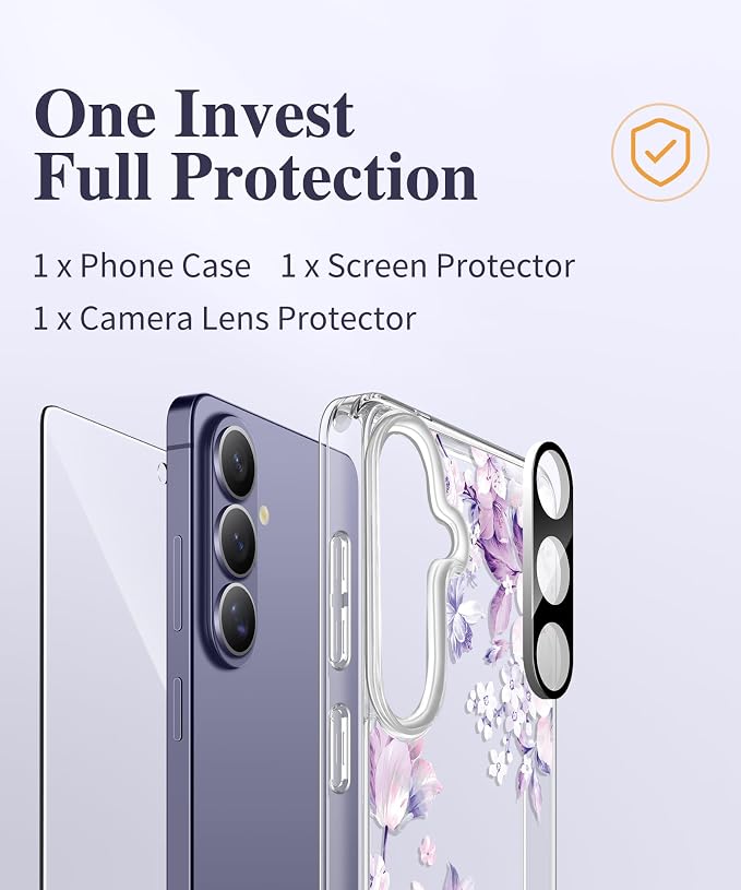 GVIEWIN for Samsung Galaxy S26 Plus Case, Clear Floral Slim Shockproof Protective Women Phone Case, Non-Yellowing, with Screen Protector&Camera Lens Protector for S26 Plus 6.7", Foliolosa/Purple