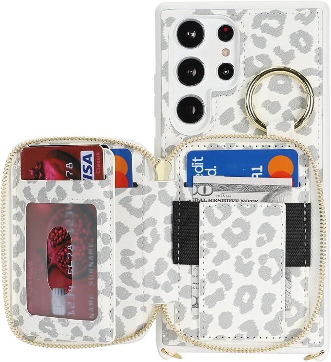 Crossbody Wallet Case for Galaxy S23 Ultra, PU Leather Zipper Handbag Purse Flip Cover, Kickstand Folio Case with Card Slots Holder Wrist Strap Lanyard -White Leopard