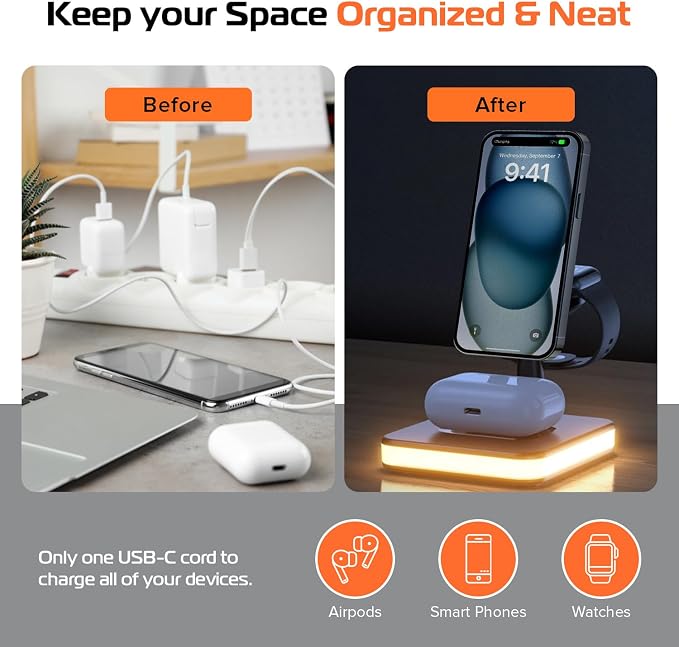 Spracht Flex Charge 4, 4-in-1 Wireless Charging Stand | 25W Fast Charger, Magnetic Connection -Works for Smartphone, Watch, Ear Buds, Qi-Enabled Devices | Nightlight, Magnetic Charging Stand (Black)