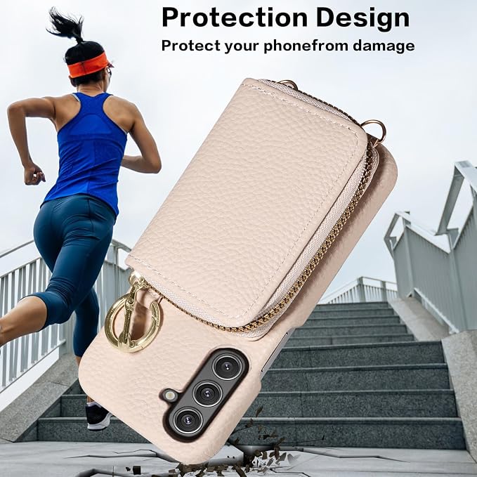 Wallet Case for Samsung Galaxy A54 5G with Shoulder Strap Ring Buckle, Luxury PU Leather Zipper Flip Organ Purse, Card Holder Stand Full Body Phone Cover for A545G A 54 54A 4G G5 SM A546U White
