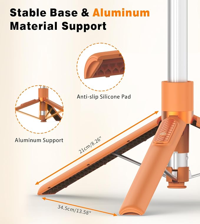 TONEOF 68" Magnetic Selfie Stick Tripod with Aluminum Strong Magnetic Holder for Magsafe, 360° Rotatable Travel Phone Tripod Stand with Metal Ring & Rechargeable Remote for iPhone/Android(Orange)