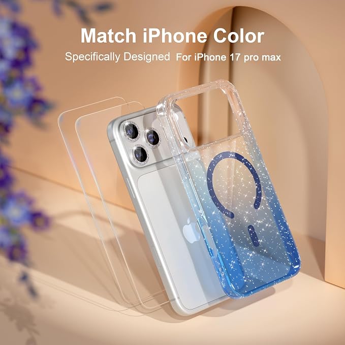 Choiche Magnetic for iPhone 17 Pro Max Case Compatible with MagSafe, Women Cute Glitter Sparkly Phone Case with Diamond Camera Lens Protectors, Military-Grade Drop Protection 6.9" (Clear/Blue)