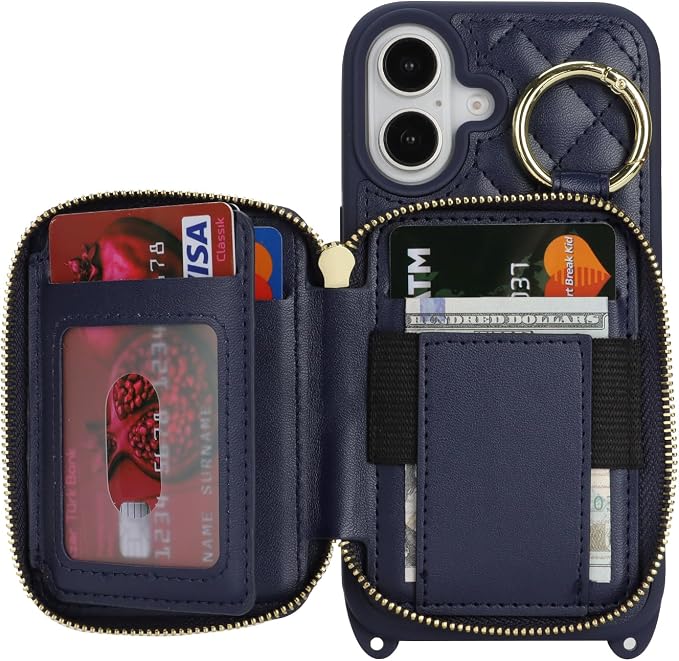 Crossbody Wallet Case for iPhone 17, PU Leather Zipper Handbag Purse Flip Cover, Kickstand Folio Case with Card Slots Holder Wrist Strap Lanyard 5G 6.3 Inch-Blue