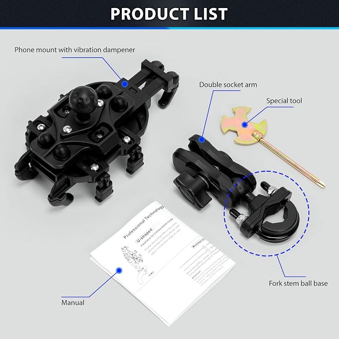 ELVANO Motorcycle Phone Mount Holder: Anti-Shake Phone Holder with Vibration Dampener for 4.7-7.2" Smartphone, Heavy Duty Adjustable Cellphone Clip Fits 0.6-1.3" Handlebar for Bike Bicycle Scooter ATV
