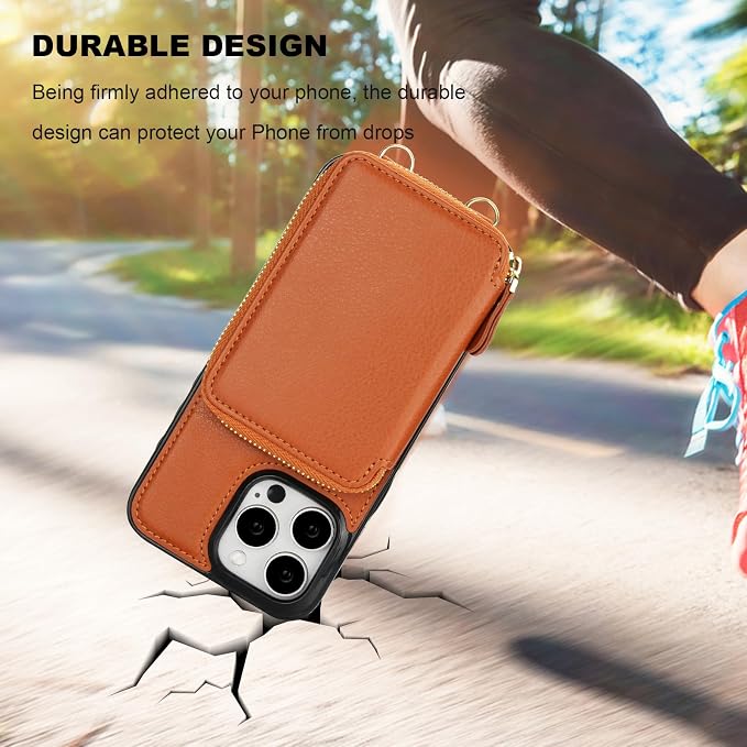 Bocasal RFID Blocking Wallet Case for iPhone 15 Pro Max, Adjustable Crossbody Zipper Purse Case Card Holder with Kickstand Detachable Wrist Strap, PU Leather Flip Folio Case 6.7 Inch 5G (Brown)