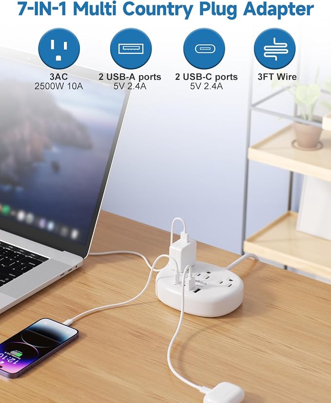 European Travel Plug Adapter, Multi Country Plug Adapter 3FT | Universal Travel Adapter with 3 USA Outlets and 4 USB Ports, Type A/C/G/I Plug Adapter for US to Most of Country