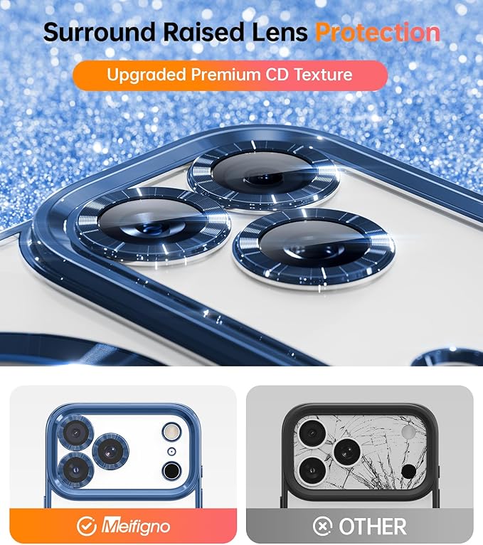 Meifigno Magnetic Case Designed for iPhone 17 Pro Max with Removable Phone Ring Stand, Glitter Card & Wrist Strap, Compatible with MagSafe, Built in Mirror, Phone Ring Holder + Case Kit, Blue