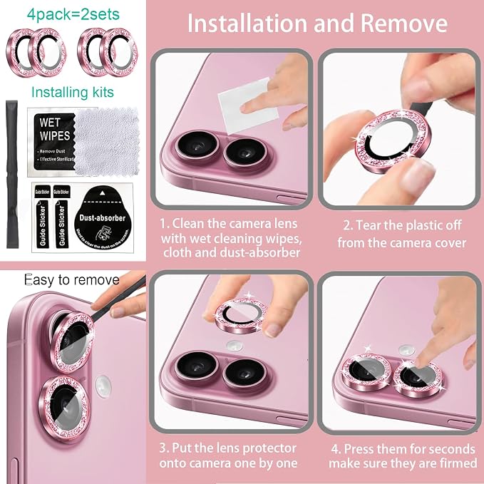 Compatible for iPhone 13/iPhone 13 Mini Camera Lens Protector Bling, Cute Sparkle Glitter Luxury Camera Cover for Women, Anti-Scratch, Easy Install, (2 Sets=4Pack), Pink