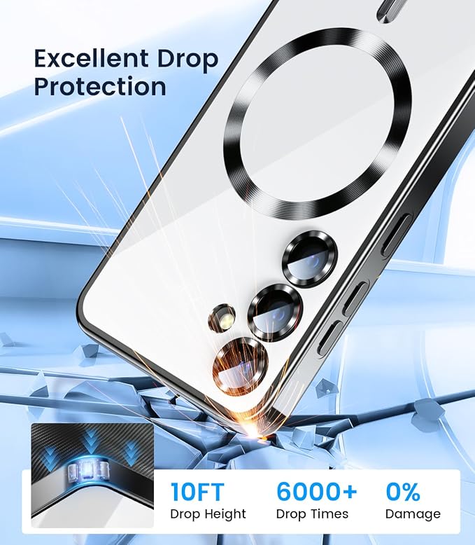 Slim Thin for Samsung Galaxy S25 Case 6.2'', Compatible with MagSafe, Built-in Camera Lens Protector, Shockproof Protective Phone Case, Soft Electroplated Clear Phone Cover, Black