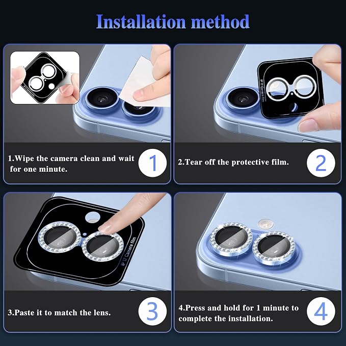 ShinKin Camera Lens Protector for iPhone 17, Glitter Camera Cover, 9H Tempered Glass Individual Metal Ring Camera Protector for iPhone 17 (Diamond - Blue)