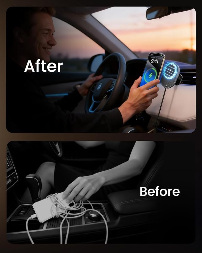 for MagSafe Car Mount Charger, 15W Fast Wireless Cars Charger with Retractable Charging Cable, Magnetic Car Phone Holder for iPhone 17/16/15/14/13/12 Series (Plus & Mini) (Black)