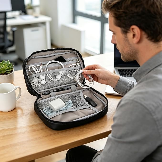 Cable Organizer Pouch, Splashproof Electronics Travel Organizer Multifunctional Portable Charger Case with Zipper (Black)