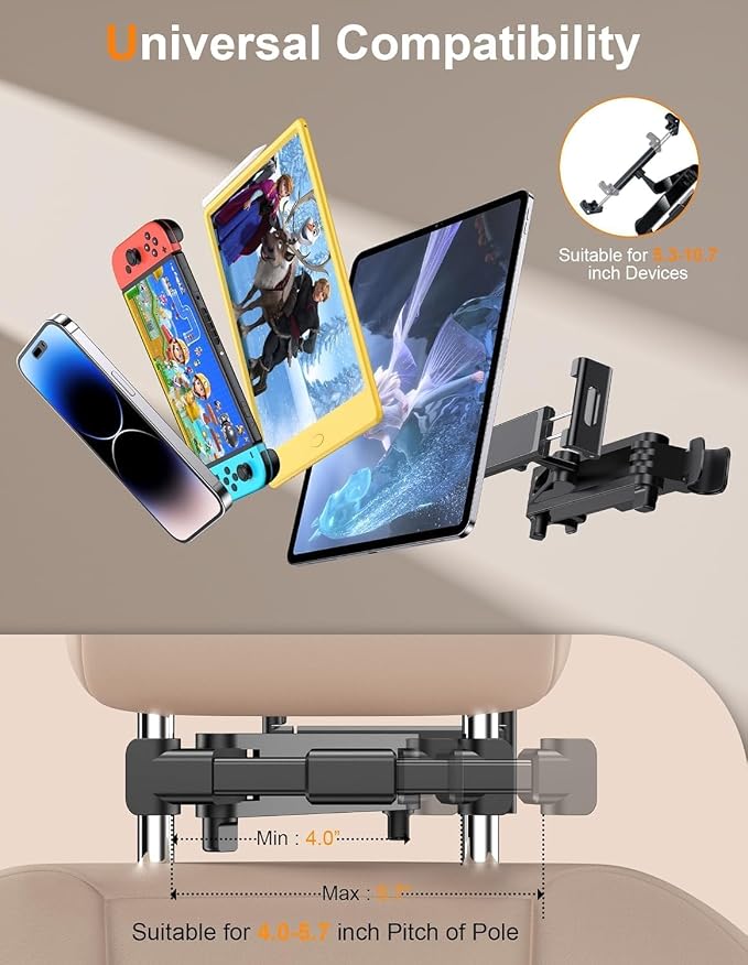 360° Rotating Car Headrest Mount - iPad Holder for Car, Compatible with 5.5-18.4" iPad/iPhone/Samsung Tablets - Adjustable Stand for Backseat Entertainment on Long Drives & Travel