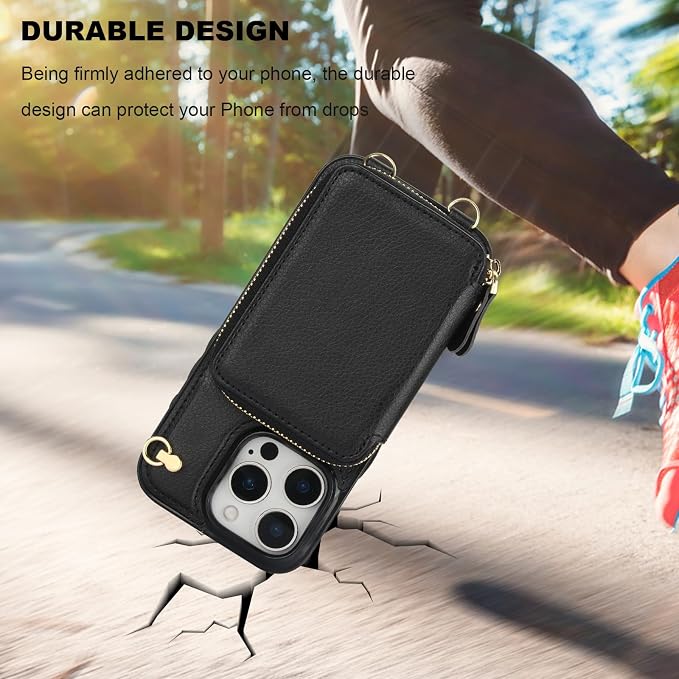 Bocasal Crossbody Wallet Case for iPhone 16 Pro, RFID Blocking Leather Purse Case with Card Holder, Protective Handbag Flip Cover with Zipper Wrist Strap Lanyard for Women 5G 6.3 Inch (Black)