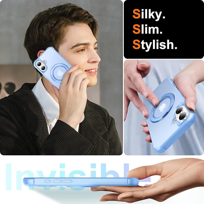 360° Magnetic Swivel Ring for iPhone 17 case, Built-in Metal Stand and Ring Holder, Magsafe Compatible, Military Grade Protection, Shock Resistant - Light Blue