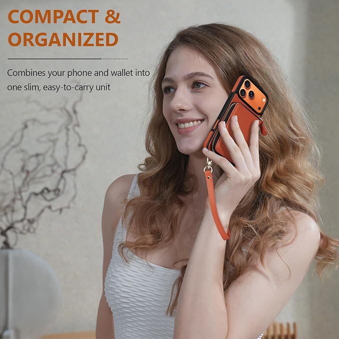 Keallce Wallet Case for iPhone 17 Pro Max 6.9 Inch, Genuine Leather Zipper Purse with Crossbody Strap, 4 Card Slots & RFID Blocking, Kickstand Flip Cover Shockproof for Women, Orange
