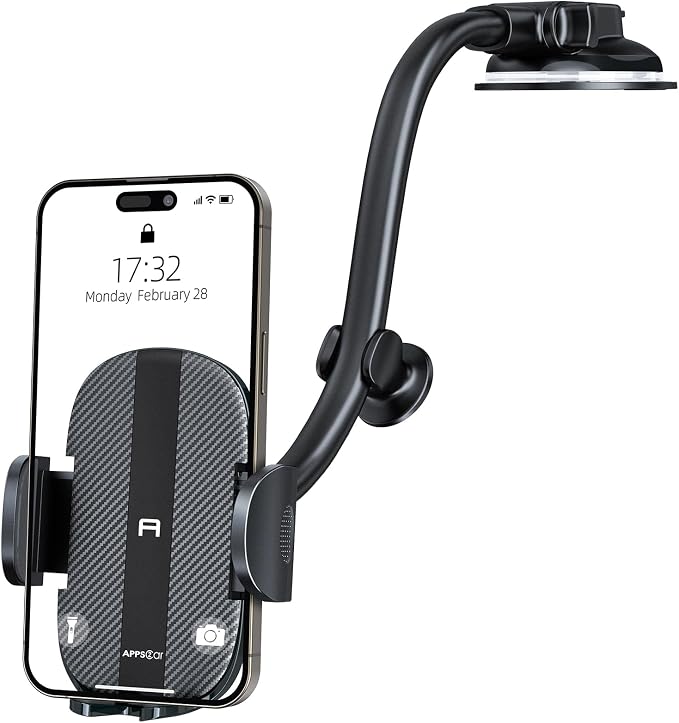 APPS2Car Cell Phone Holder for Car Dashboard Windshield Phone Mount for Car Long Arm Car Phone Holder Mount Strong Suction Cup Anti-Shake Stabilizer Compatible for iPhone, Samsung, All Smartphones