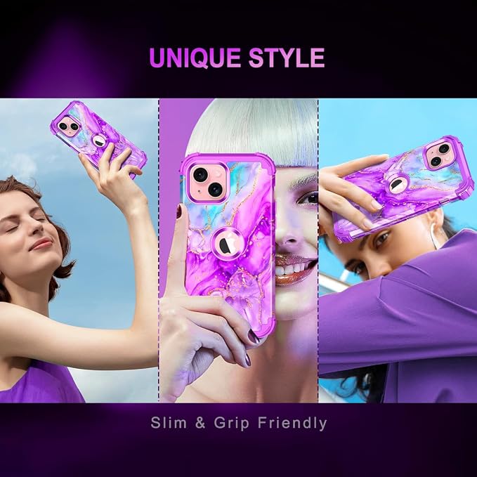Casetego for iPhone 13 Case,iPhone 14 Case,Three Layer Heavy Duty Sturdy Shockproof Protection Full Rugged Hard PC+Soft TPU Bumper Protective Girls Case for Apple iPhone 13/14 6.1 inch,Bright Purple