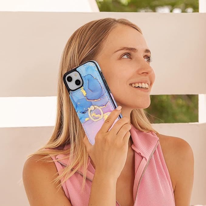 HAOPINSH for iPhone 13/ iPhone 14 Wallet Case with Card Holder, 360°Rotation Ring Kickstand, Pink Blue Marble Pattern, RFID Blocking Leather for Girls Women, Double Buttons Protective Cover 6.1"