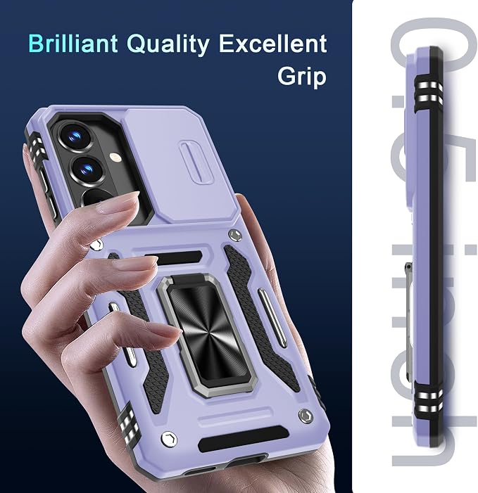 DEERLAMN Case for Samsung Galaxy S26 6.3-Inch with Slide Camera Cover+Screen Protector(1 Pack), Rotated Ring Kickstand Military Grade Shockproof Protective Cover-Light Purple