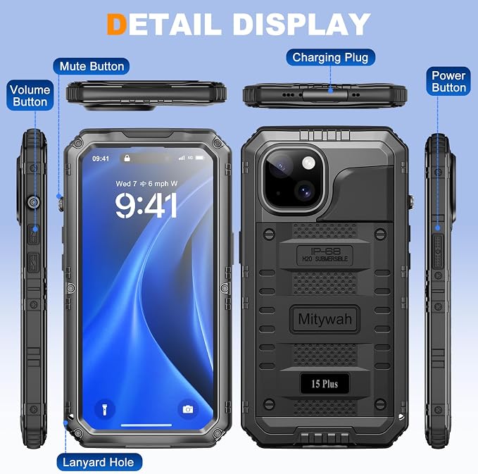 Mitywah Waterproof Case for iPhone 15 Plus, Heavy Duty Shockproof Case with Built-in Screen Protector, Full Body Underwater Protective Metal Case 6.7 inch, Black