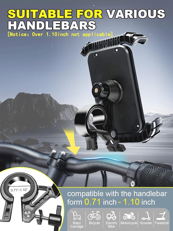 Motorcycle Phone Mount,Handlebar Phone Holder for Bike,360°Rotation,Silicone Wrapped Phone Clamp,One-Touch Quick Lock Scooter Stroller Bicycle Phone Holder,4.7- 6.8"Phones,Thick Cases Friendly