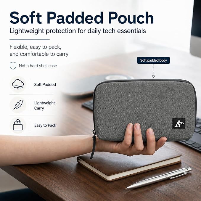 Small Electronics Organizer Travel Case, Cord and Cable Tech Bag Pouch | Compact soft tech Bag pouch for cables cords chargers earbuds and slim power bank water-resistant for travel, cruise and work
